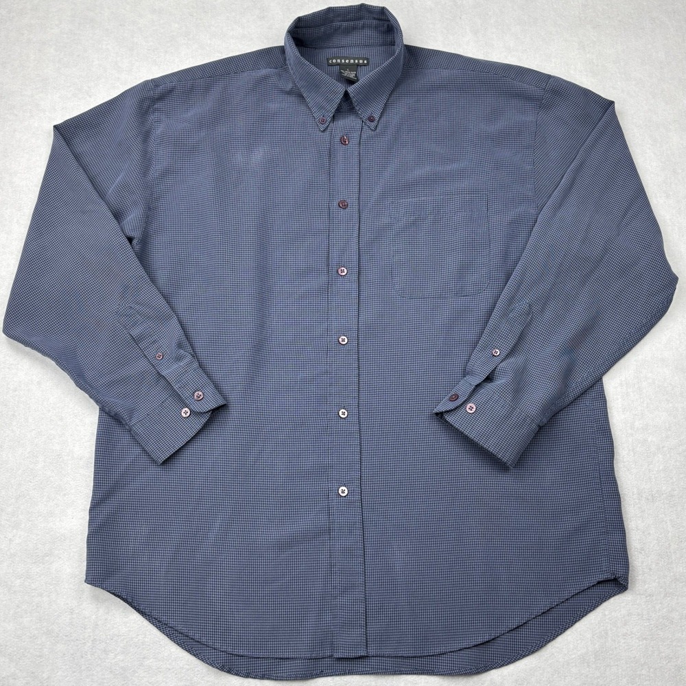 Consensus Mens Blue Micro Check Button Down Shirt‎ Modal Rayon Blend Large